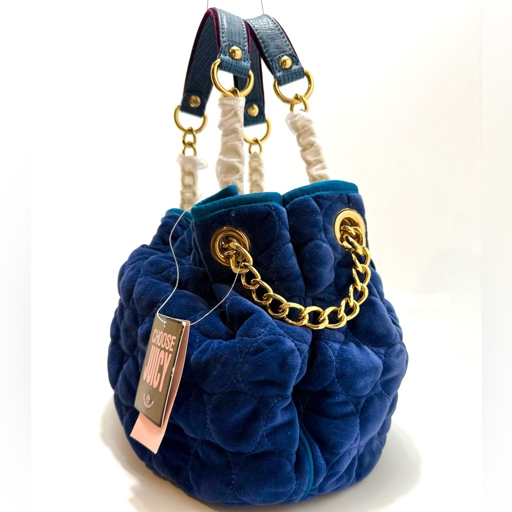 Juicy Couture Y2K Navy Velour Bubble Quilted Satchel Gold Chain NWT - Picture 2 of 12